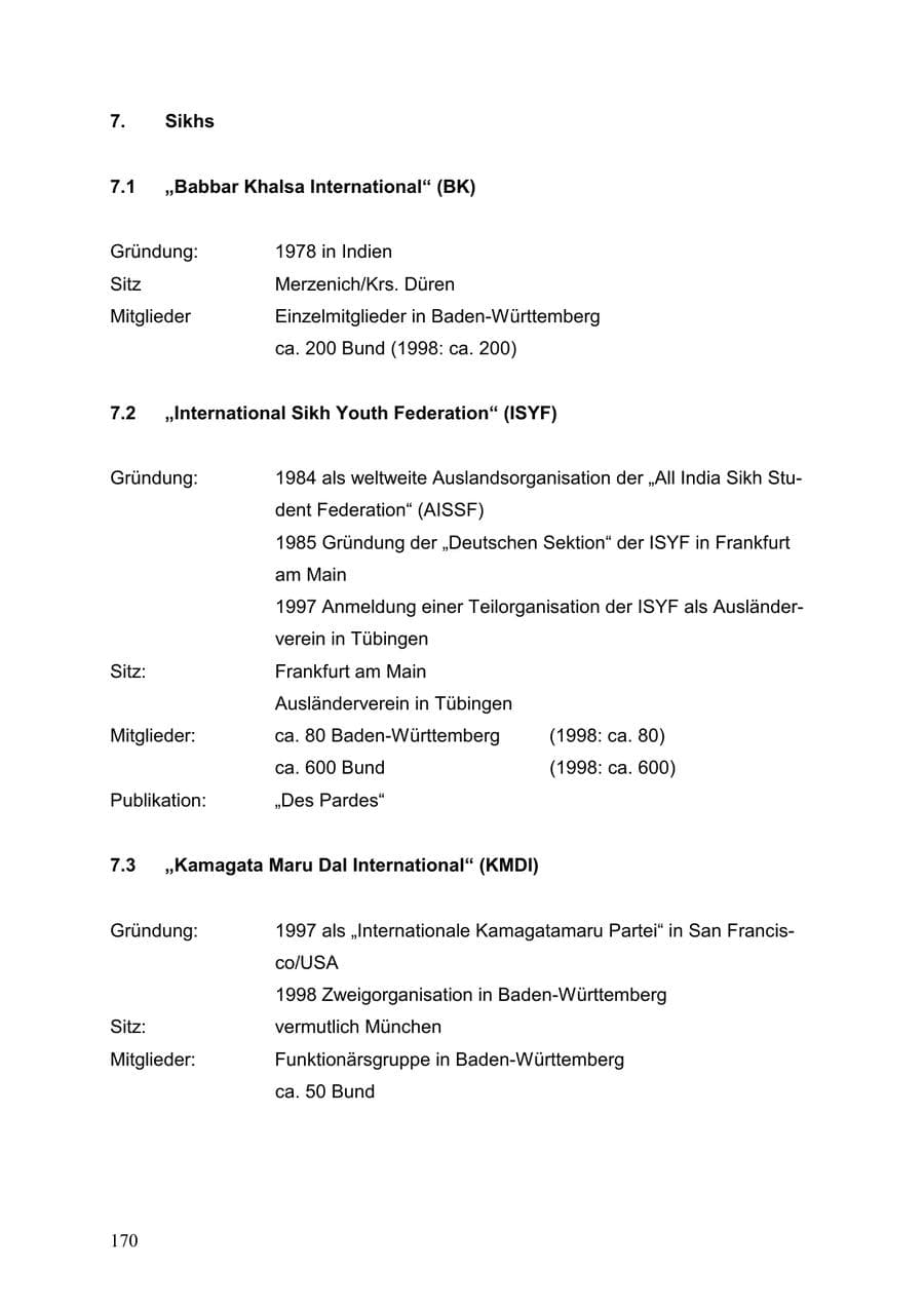 Seite 170 des Verfassungsschutzbericht 1999 Baden-Württemberg