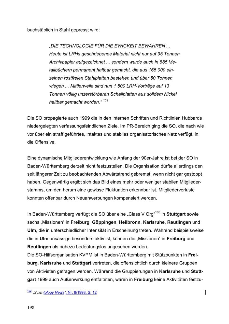 Seite 198 des Verfassungsschutzbericht 1999 Baden-Württemberg