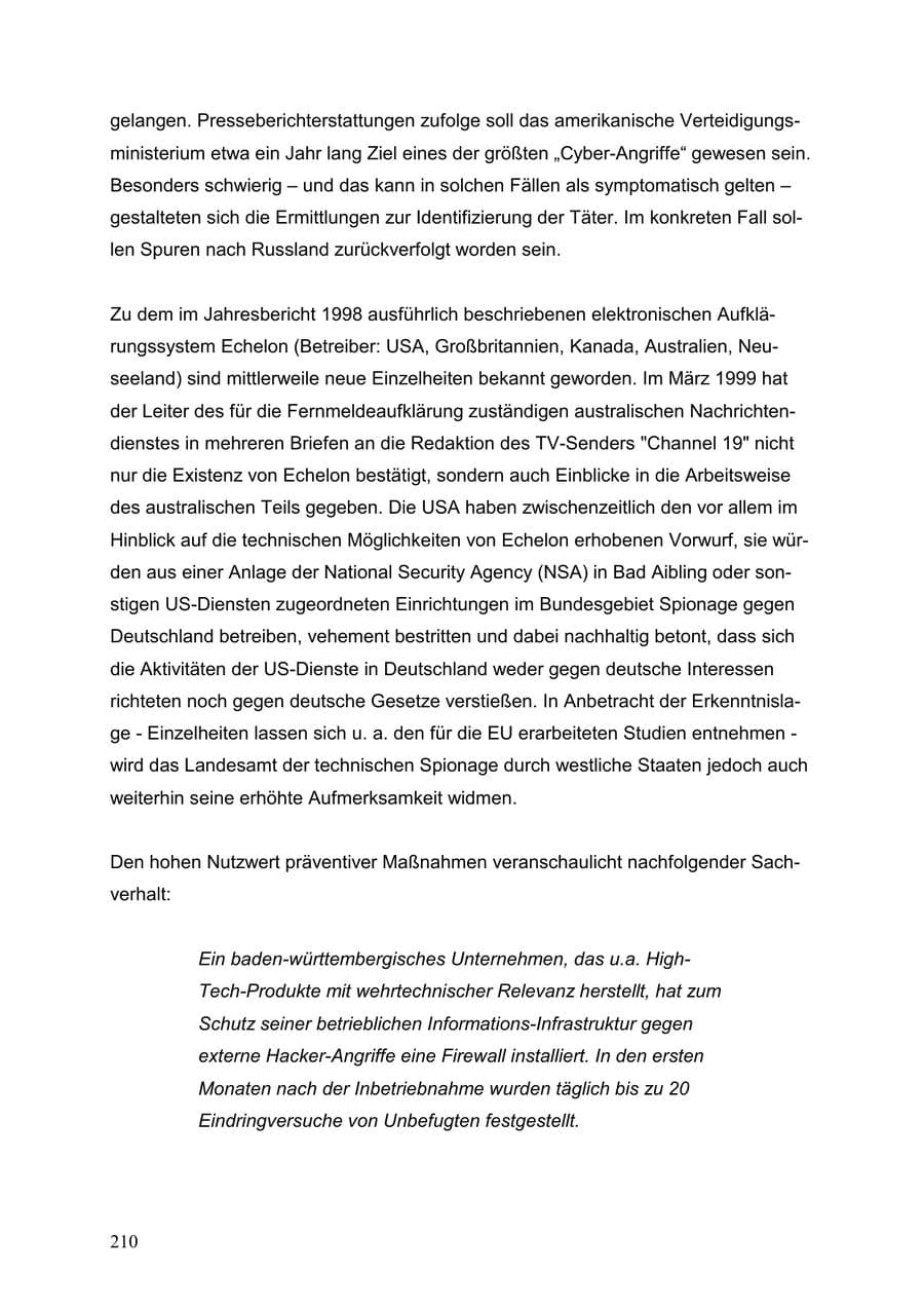 Seite 210 des Verfassungsschutzbericht 1999 Baden-Württemberg