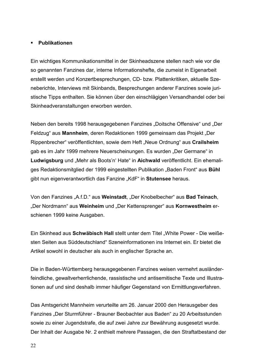 Seite 22 des Verfassungsschutzbericht 1999 Baden-Württemberg