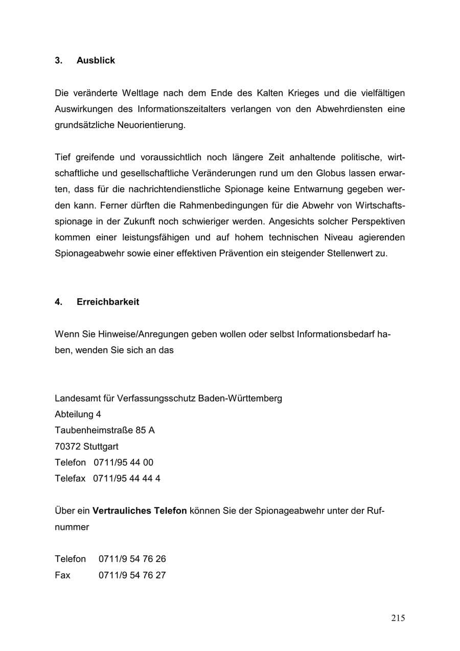 Seite 215 des Verfassungsschutzbericht 1999 Baden-Württemberg