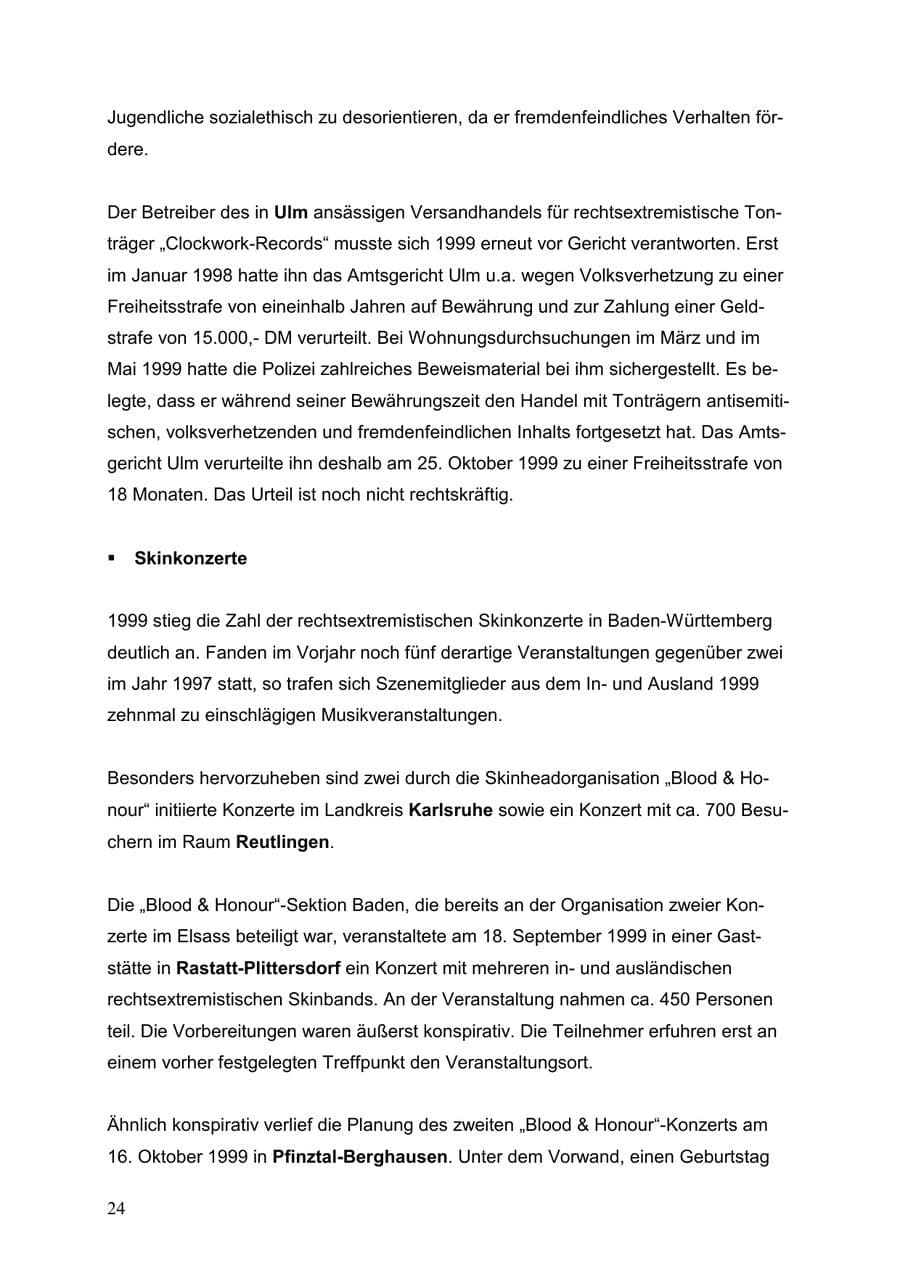Seite 24 des Verfassungsschutzbericht 1999 Baden-Württemberg