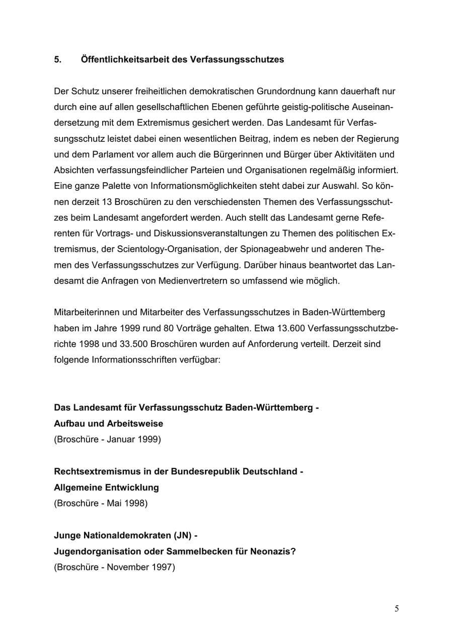 Seite 5 des Verfassungsschutzbericht 1999 Baden-Württemberg