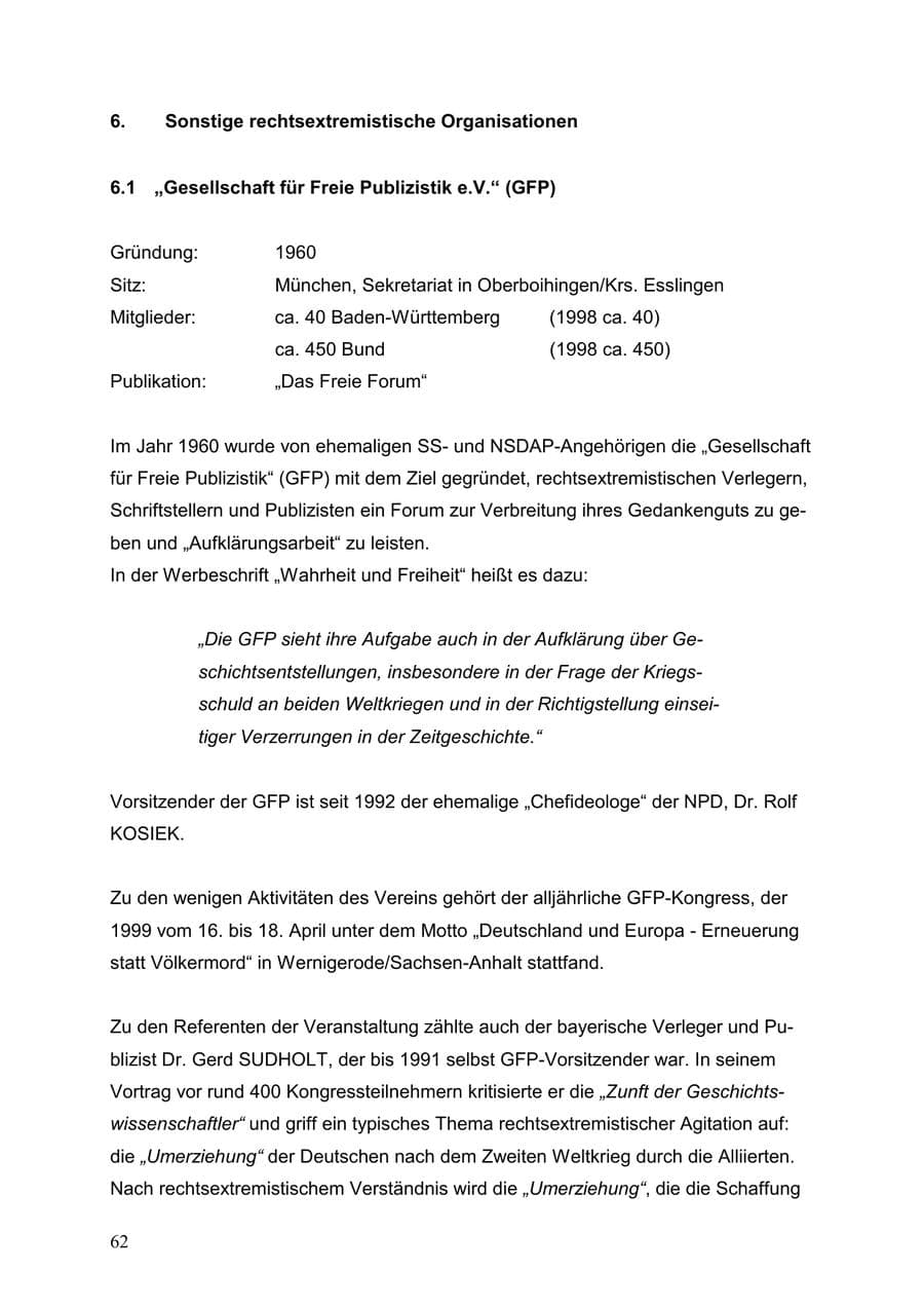 Seite 62 des Verfassungsschutzbericht 1999 Baden-Württemberg