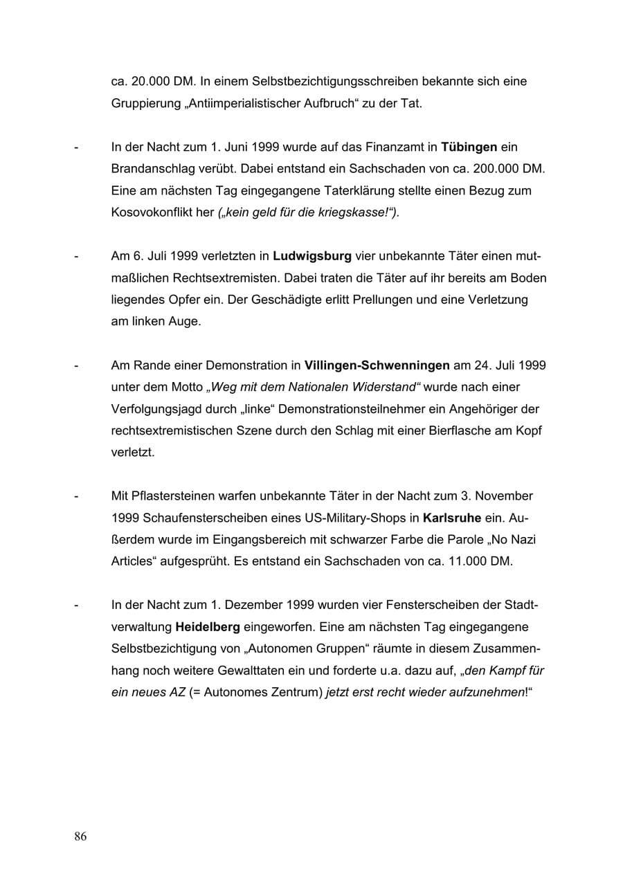 Seite 86 des Verfassungsschutzbericht 1999 Baden-Württemberg