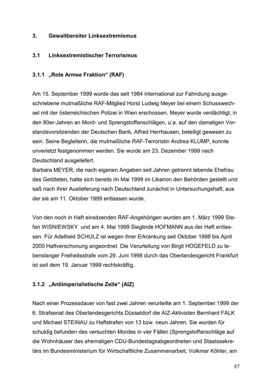 Seite 87 des Verfassungsschutzbericht 1999 Baden-Württemberg
