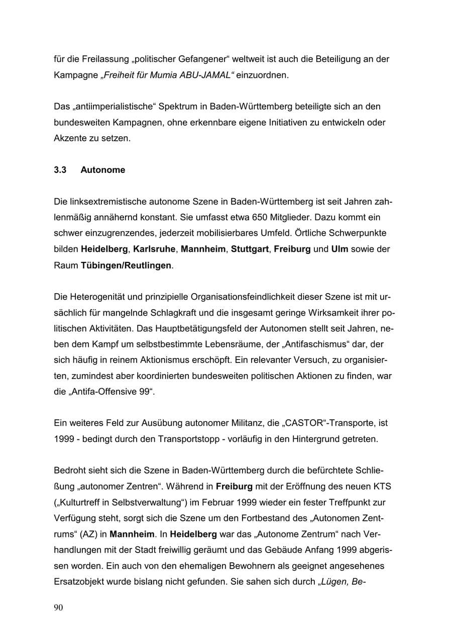 Seite 90 des Verfassungsschutzbericht 1999 Baden-Württemberg