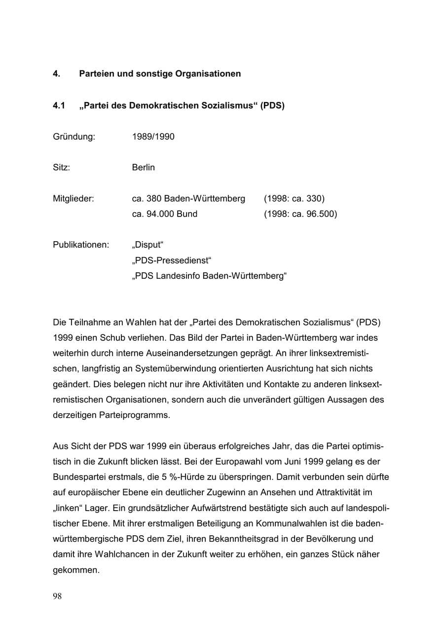 Seite 98 des Verfassungsschutzbericht 1999 Baden-Württemberg