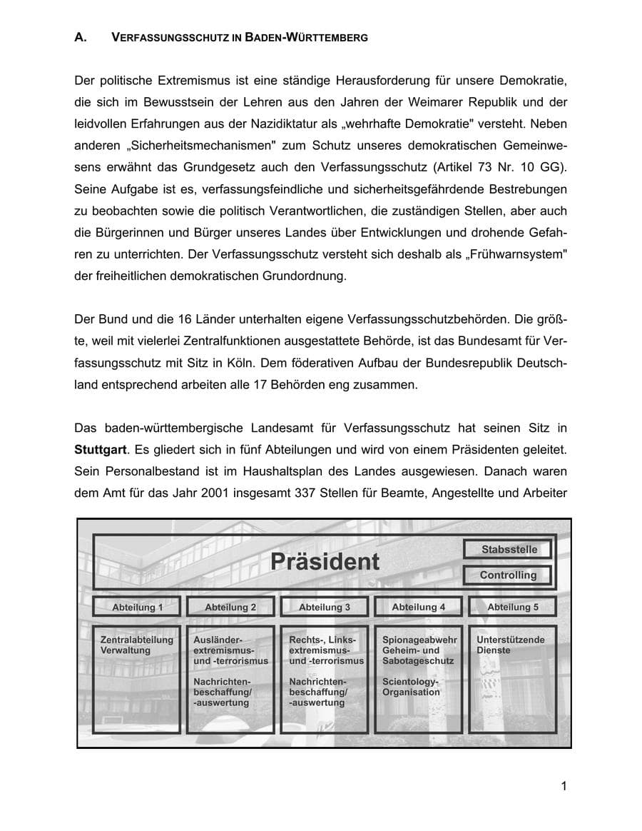 Seite 1 des Verfassungsschutzbericht 2001 Baden-Württemberg