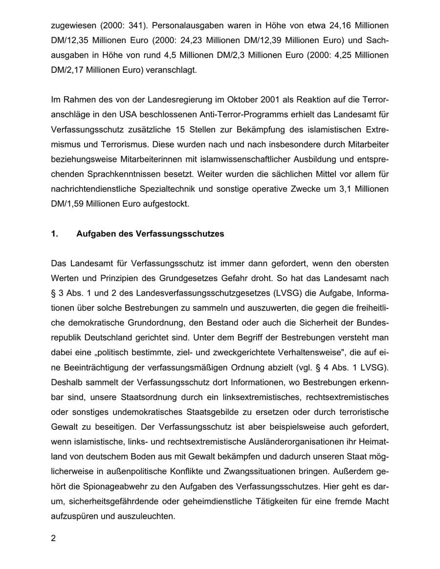 Seite 2 des Verfassungsschutzbericht 2001 Baden-Württemberg