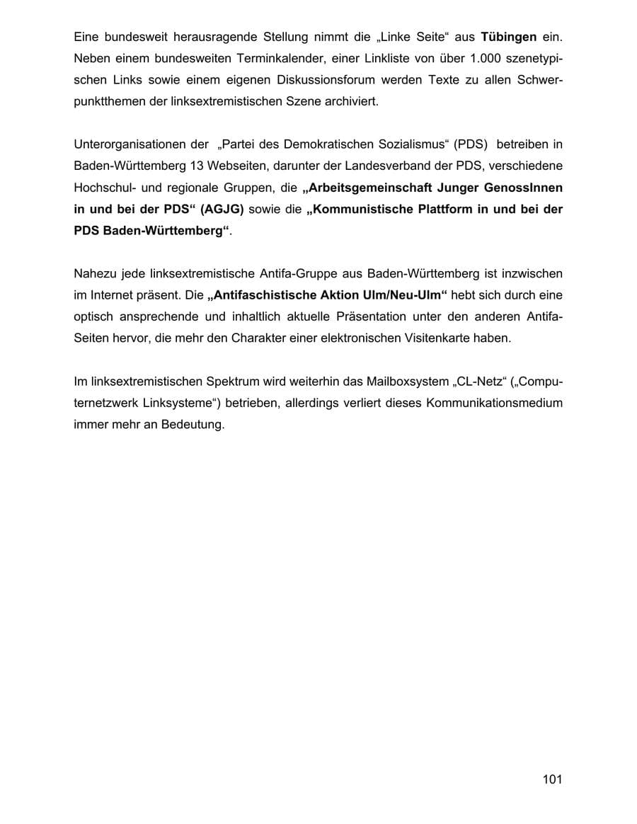 Seite 101 des Verfassungsschutzbericht 2001 Baden-Württemberg