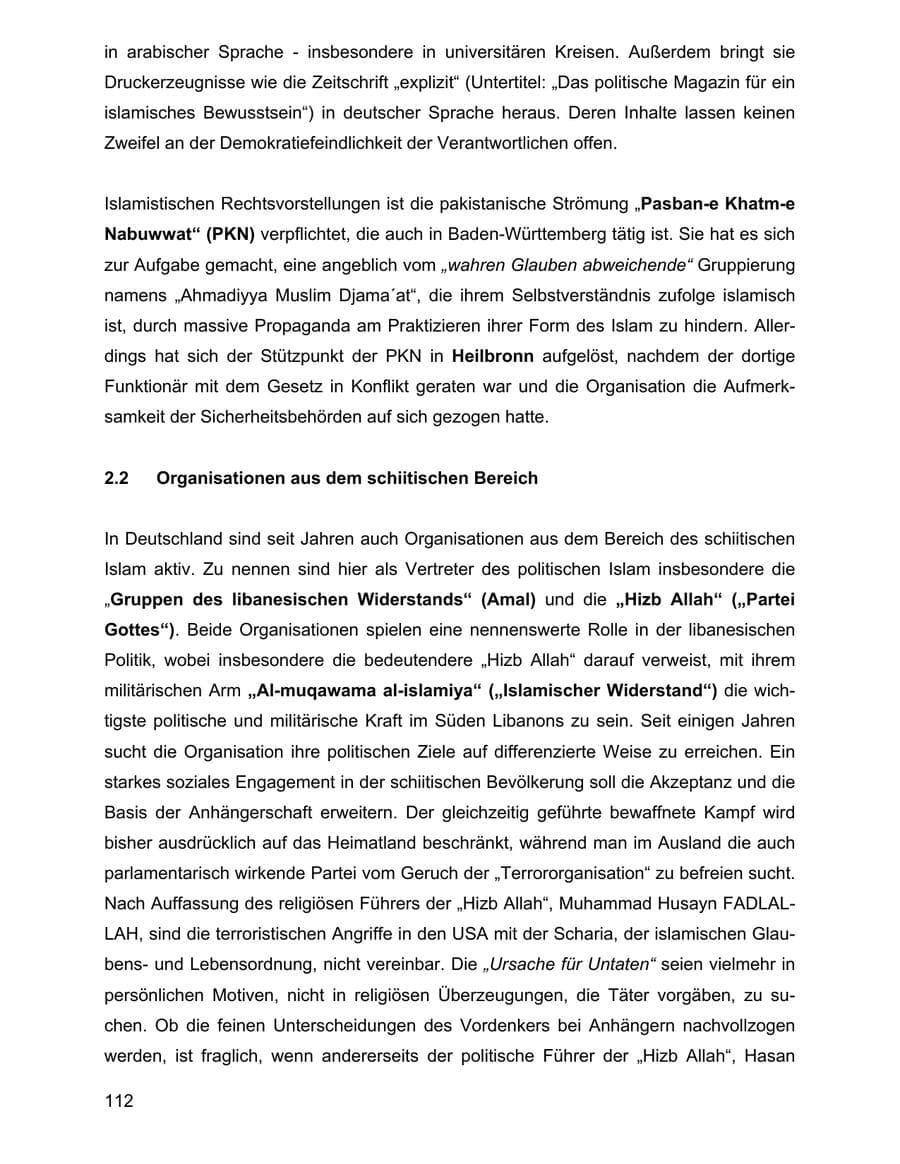 Seite 112 des Verfassungsschutzbericht 2001 Baden-Württemberg