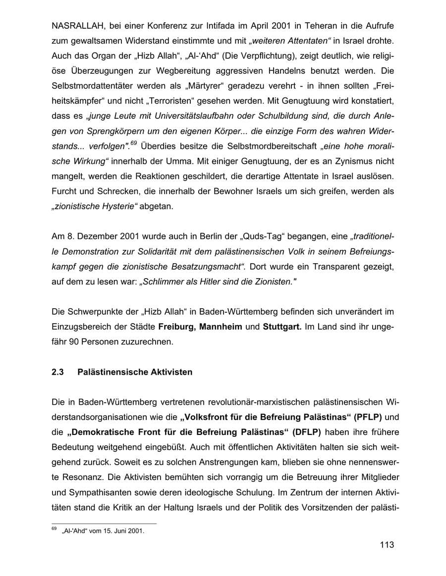 Seite 113 des Verfassungsschutzbericht 2001 Baden-Württemberg