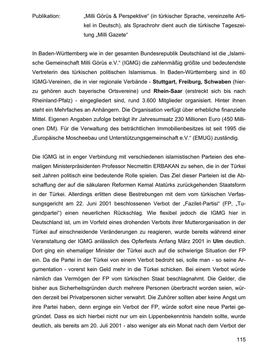 Seite 115 des Verfassungsschutzbericht 2001 Baden-Württemberg