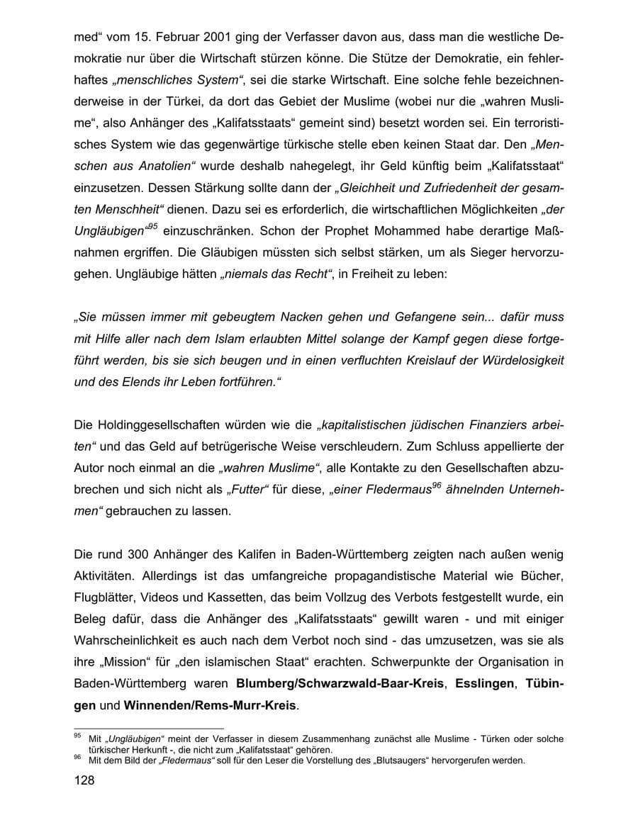 Seite 128 des Verfassungsschutzbericht 2001 Baden-Württemberg
