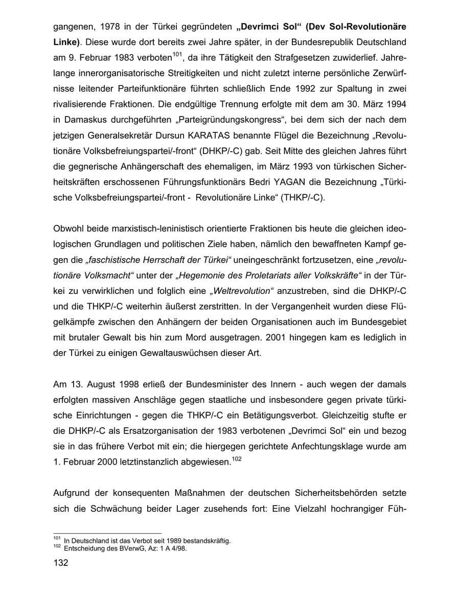 Seite 132 des Verfassungsschutzbericht 2001 Baden-Württemberg