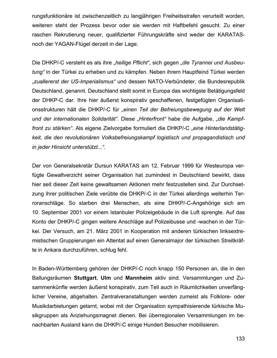 Seite 133 des Verfassungsschutzbericht 2001 Baden-Württemberg