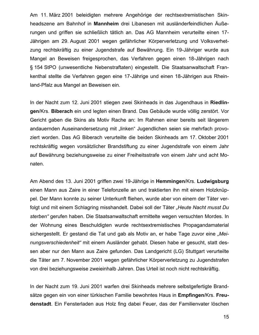 Seite 15 des Verfassungsschutzbericht 2001 Baden-Württemberg