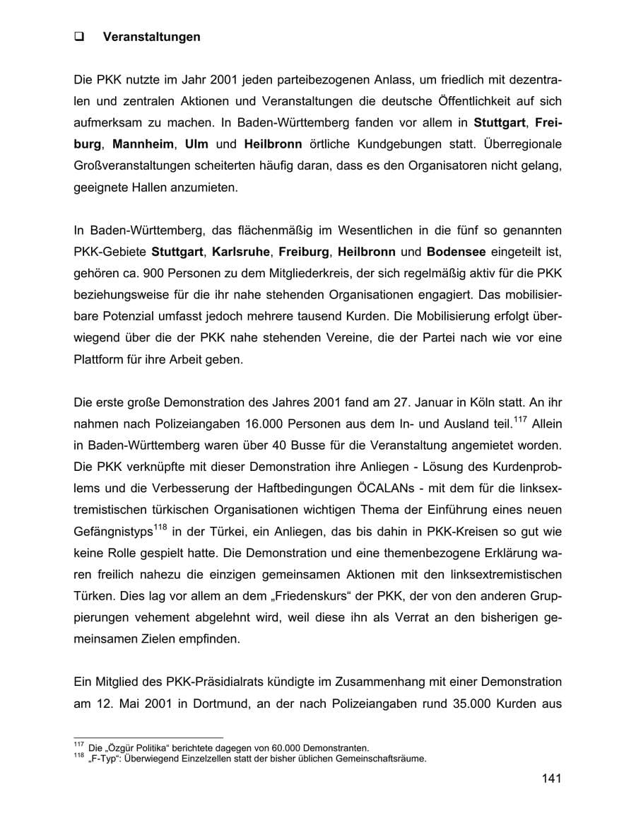 Seite 141 des Verfassungsschutzbericht 2001 Baden-Württemberg