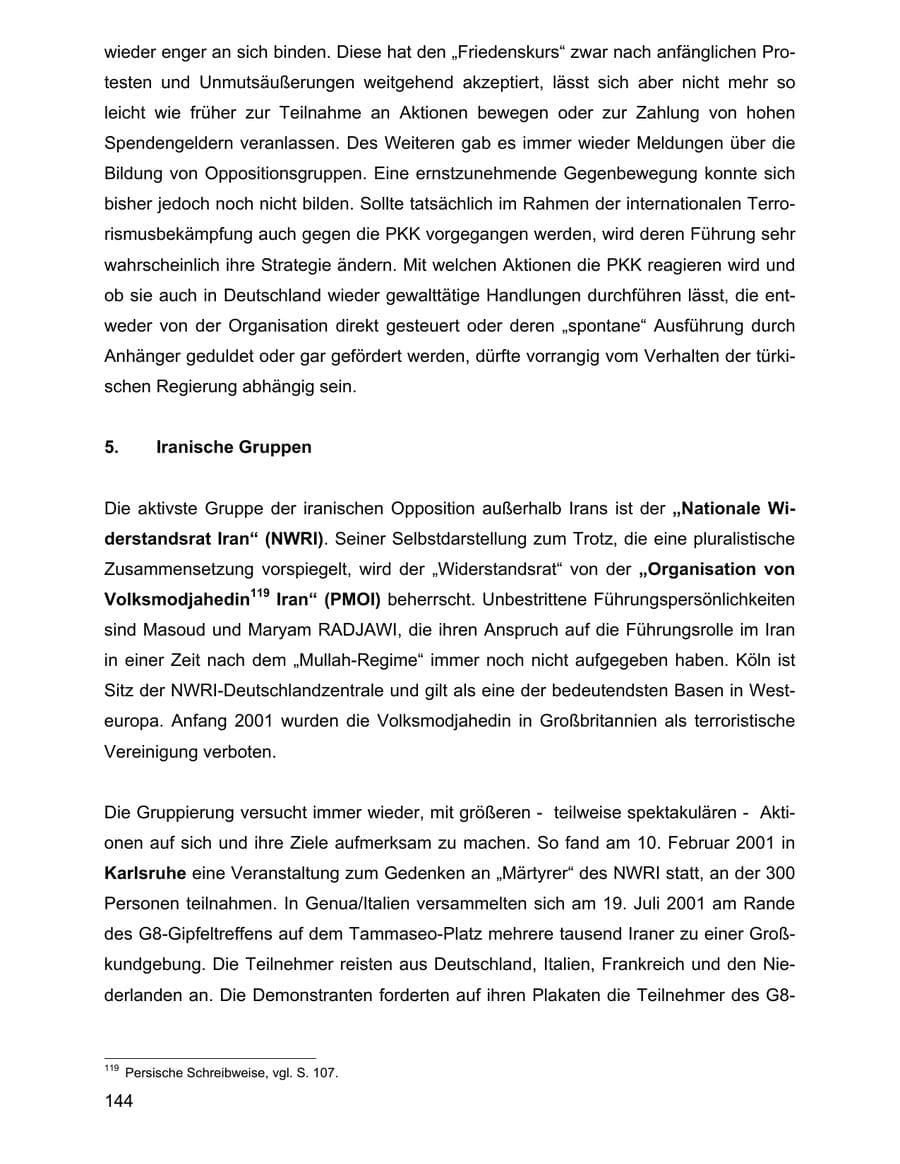Seite 144 des Verfassungsschutzbericht 2001 Baden-Württemberg