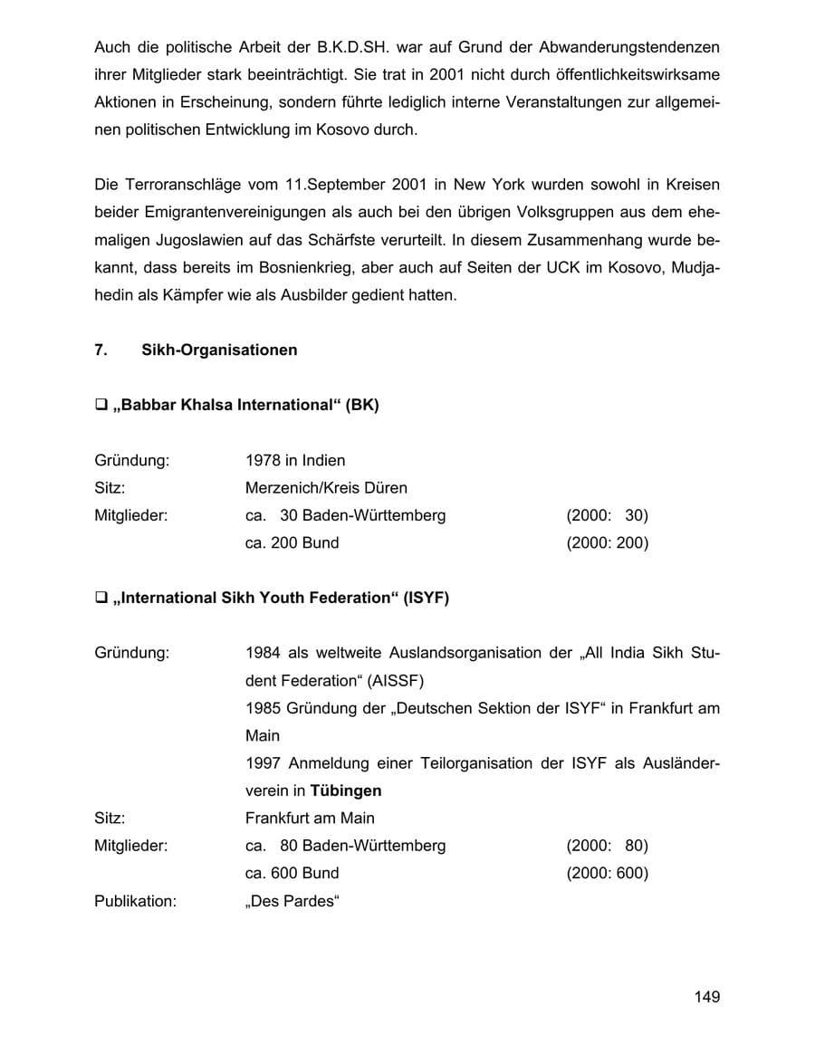 Seite 149 des Verfassungsschutzbericht 2001 Baden-Württemberg
