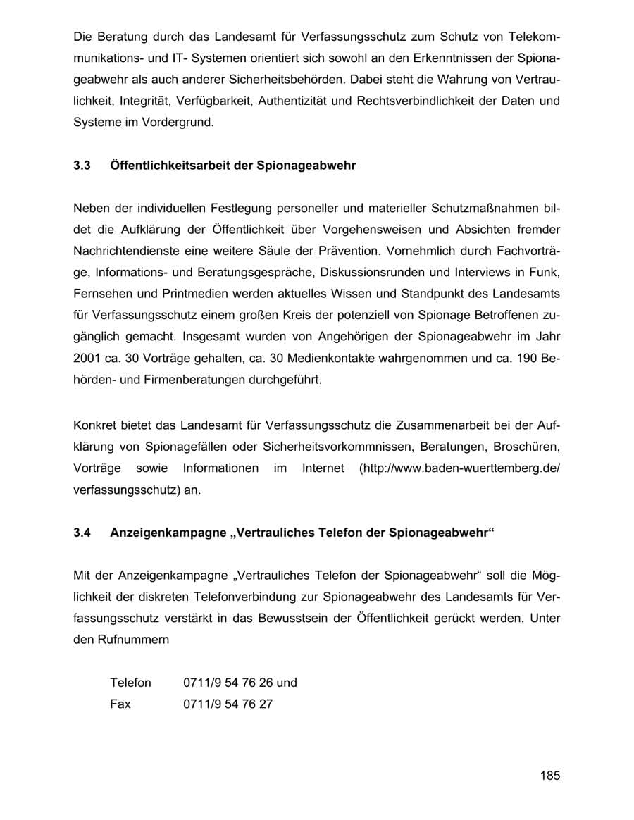 Seite 185 des Verfassungsschutzbericht 2001 Baden-Württemberg