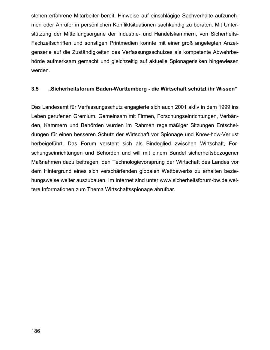 Seite 186 des Verfassungsschutzbericht 2001 Baden-Württemberg
