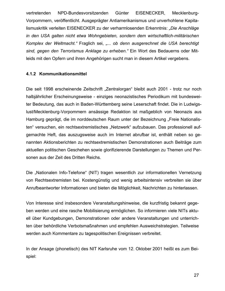 Seite 27 des Verfassungsschutzbericht 2001 Baden-Württemberg