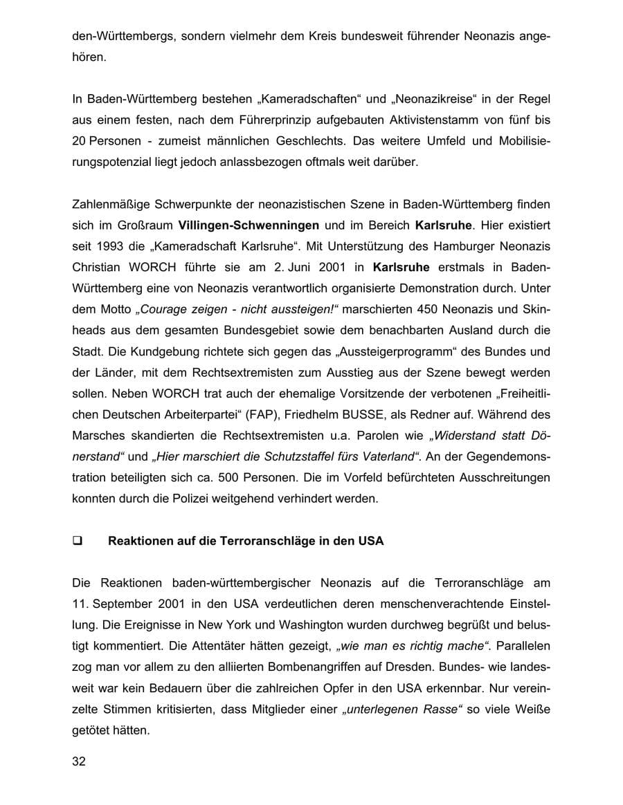 Seite 32 des Verfassungsschutzbericht 2001 Baden-Württemberg