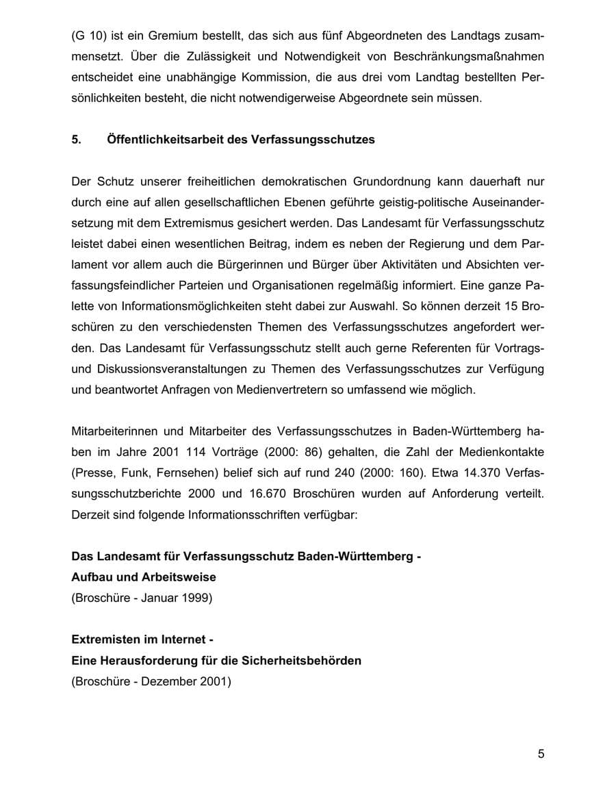 Seite 5 des Verfassungsschutzbericht 2001 Baden-Württemberg