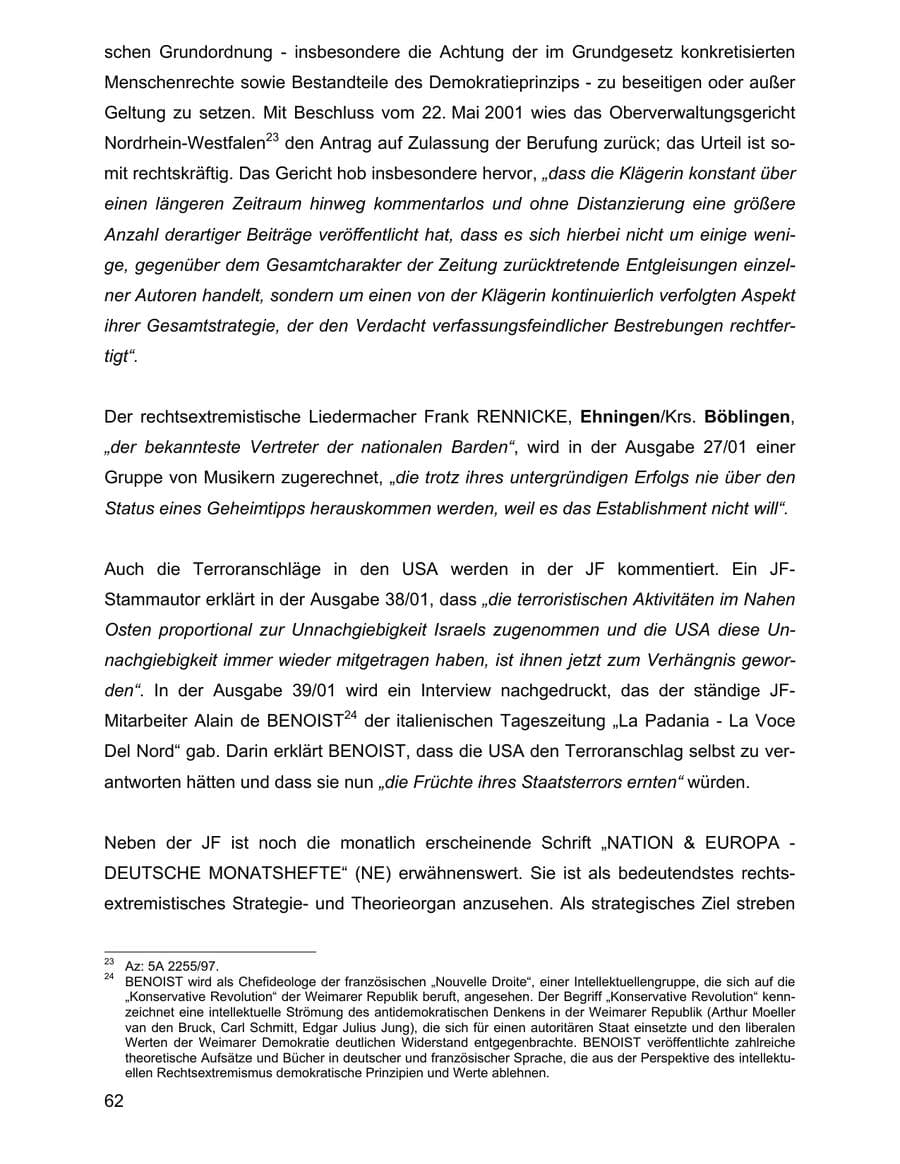 Seite 62 des Verfassungsschutzbericht 2001 Baden-Württemberg