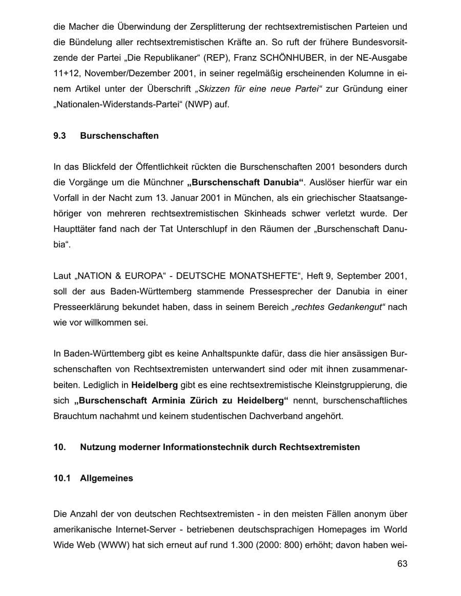 Seite 63 des Verfassungsschutzbericht 2001 Baden-Württemberg