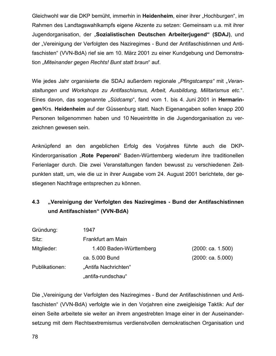 Seite 78 des Verfassungsschutzbericht 2001 Baden-Württemberg