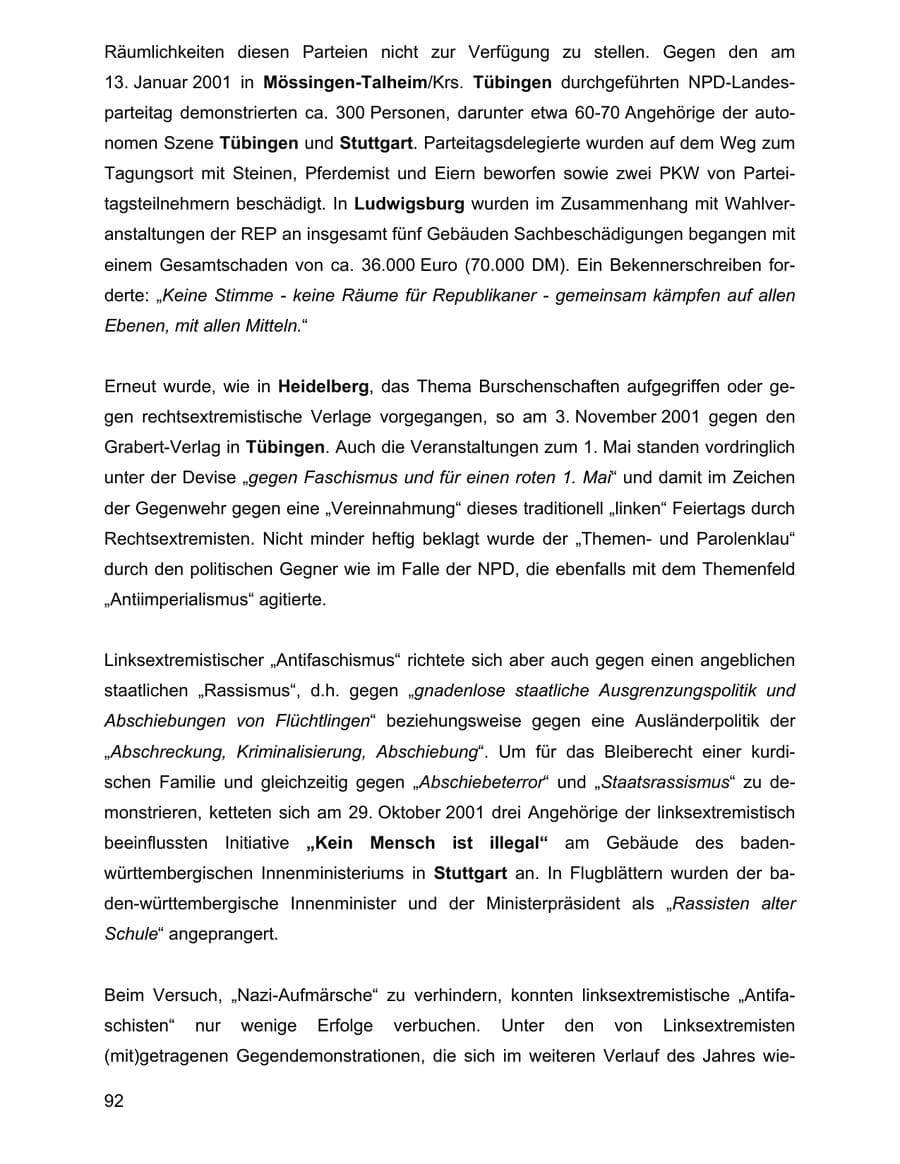 Seite 92 des Verfassungsschutzbericht 2001 Baden-Württemberg