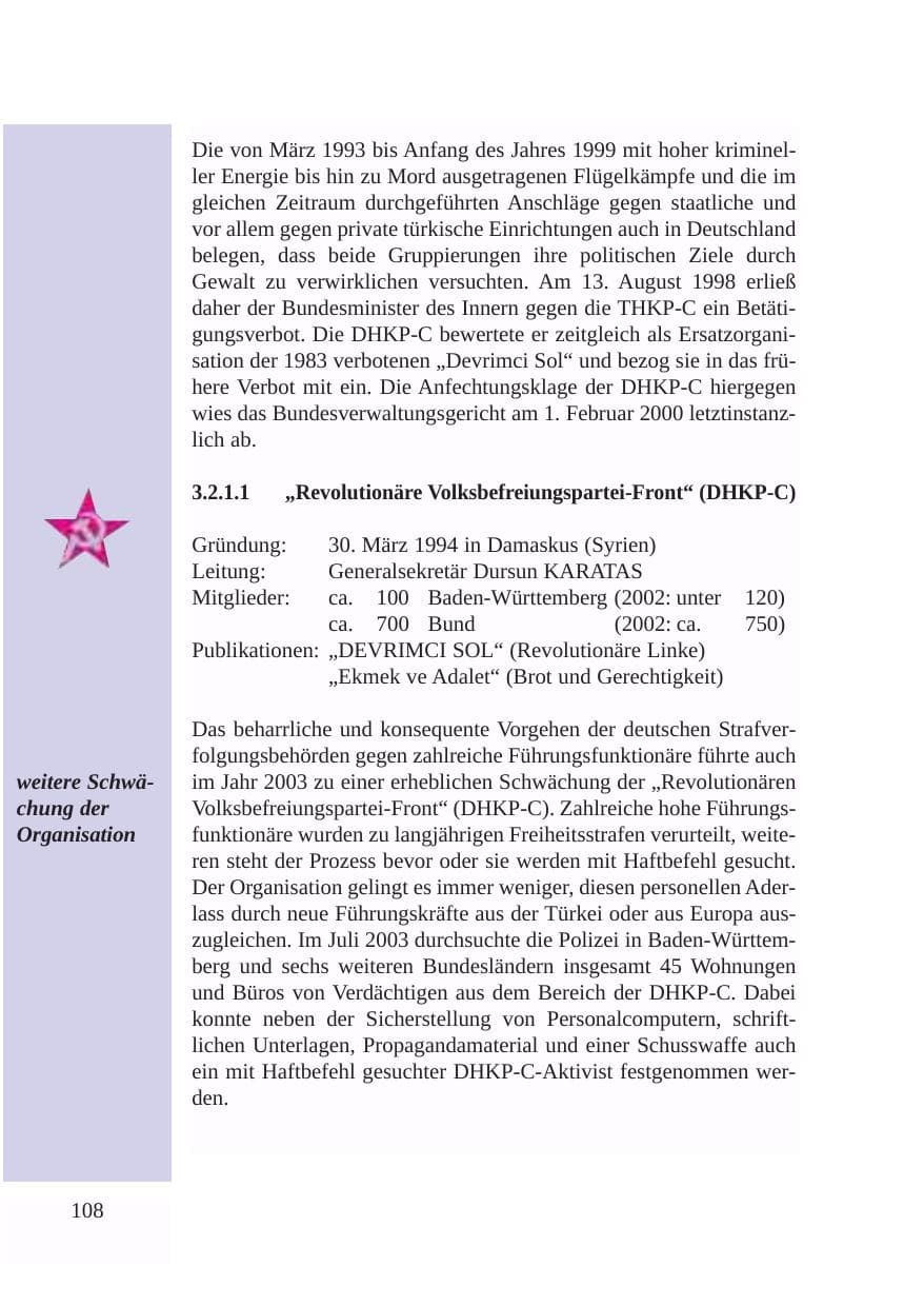 Seite 109 des Verfassungsschutzbericht 2003 Baden-Württemberg