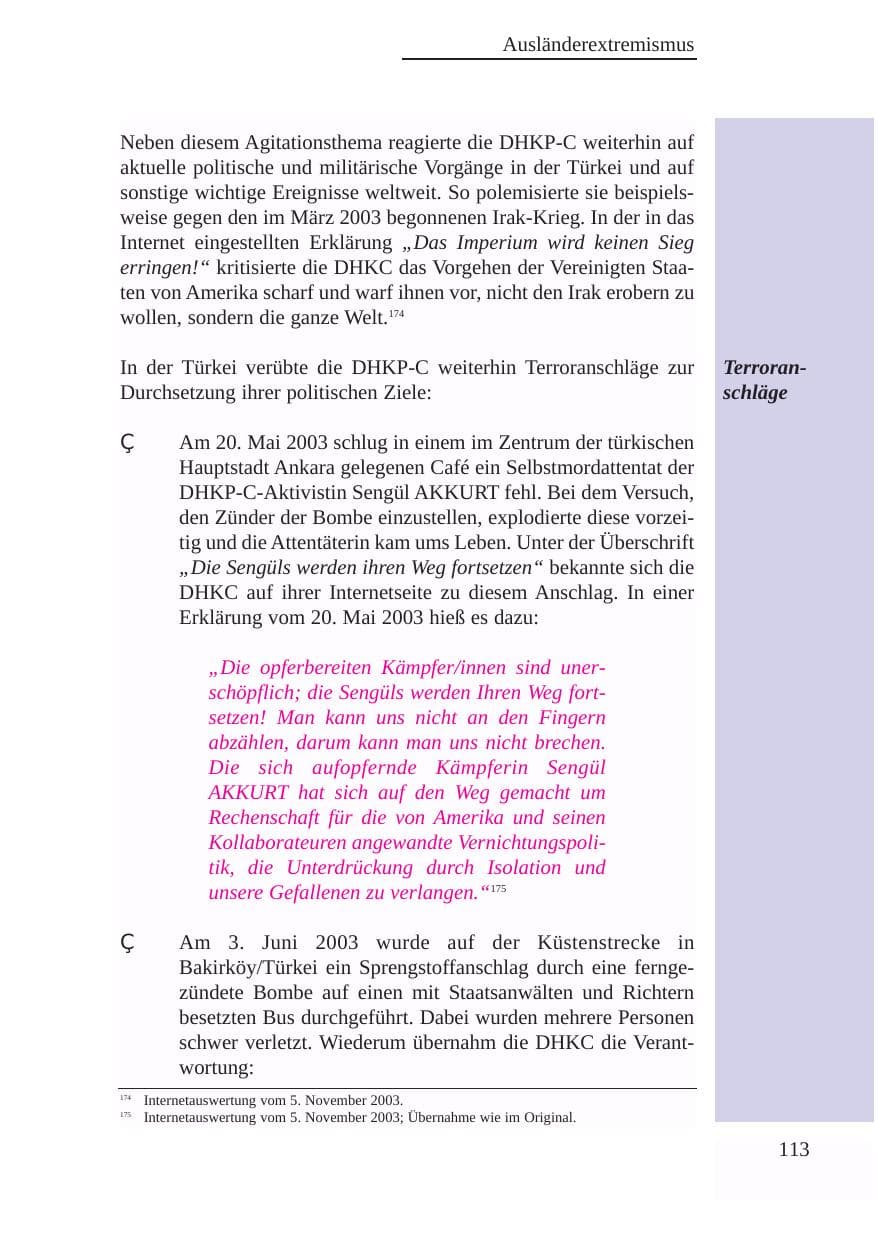 Seite 114 des Verfassungsschutzbericht 2003 Baden-Württemberg