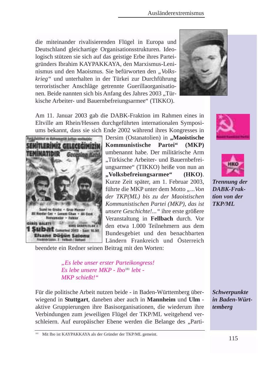 Seite 116 des Verfassungsschutzbericht 2003 Baden-Württemberg