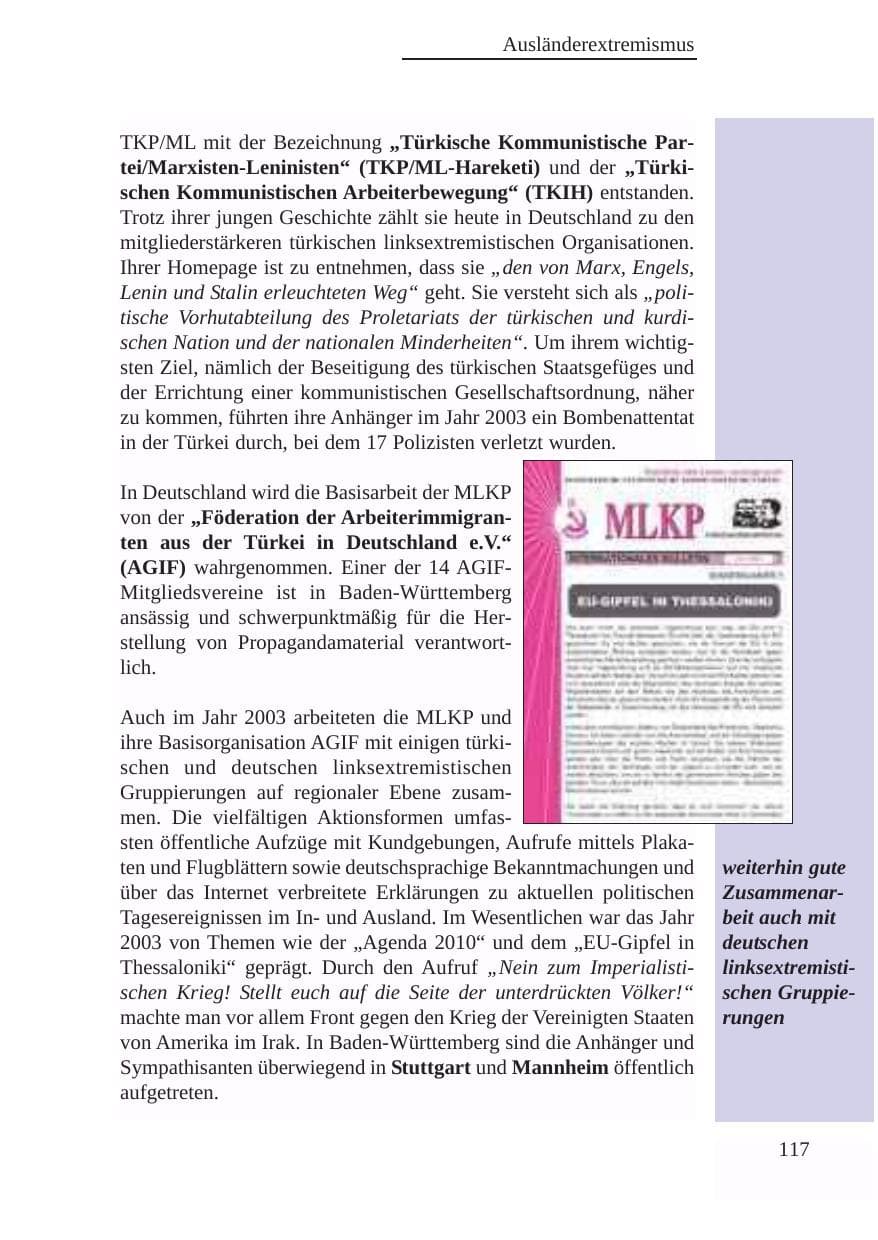 Seite 118 des Verfassungsschutzbericht 2003 Baden-Württemberg