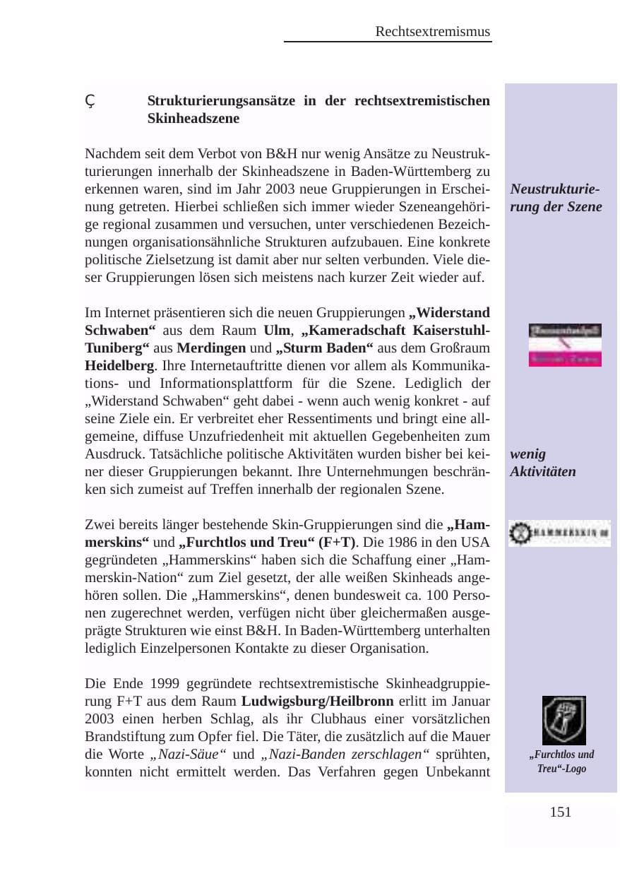 Seite 152 des Verfassungsschutzbericht 2003 Baden-Württemberg