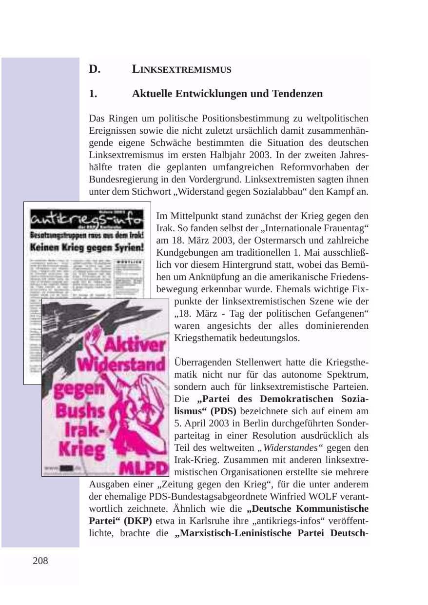 Seite 209 des Verfassungsschutzbericht 2003 Baden-Württemberg