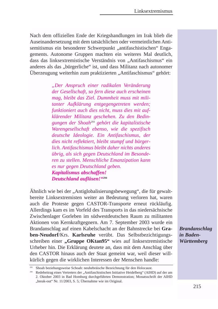 Seite 216 des Verfassungsschutzbericht 2003 Baden-Württemberg
