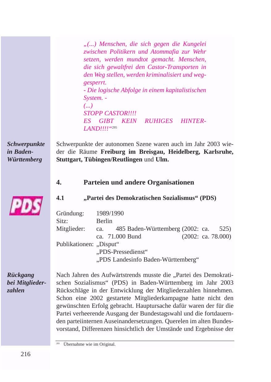 Seite 217 des Verfassungsschutzbericht 2003 Baden-Württemberg