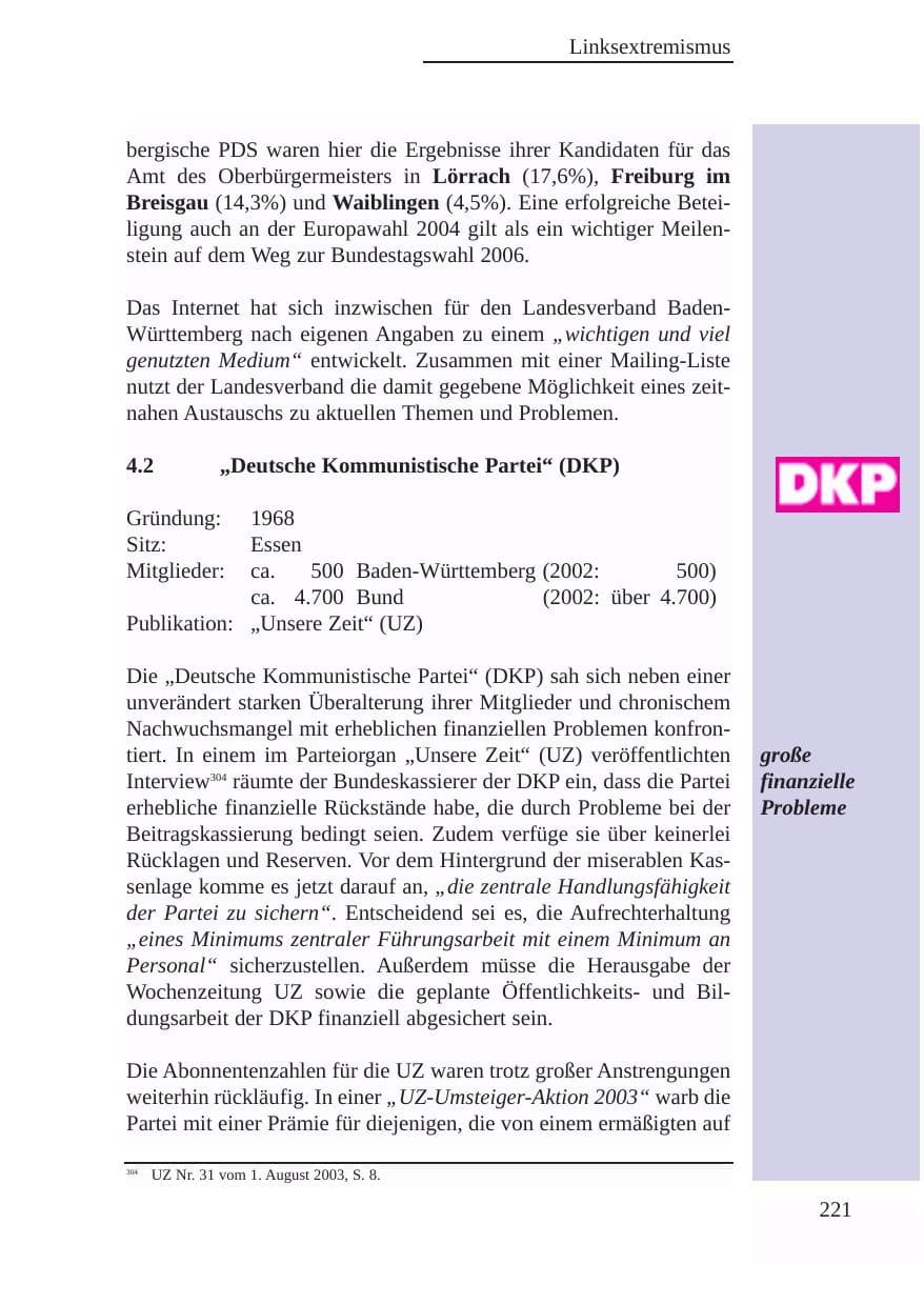 Seite 222 des Verfassungsschutzbericht 2003 Baden-Württemberg