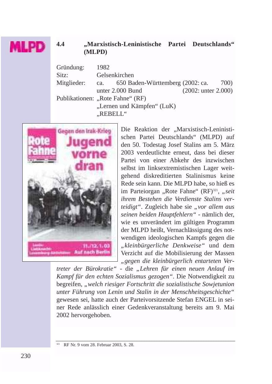 Seite 231 des Verfassungsschutzbericht 2003 Baden-Württemberg