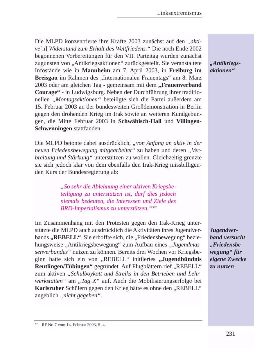 Seite 232 des Verfassungsschutzbericht 2003 Baden-Württemberg