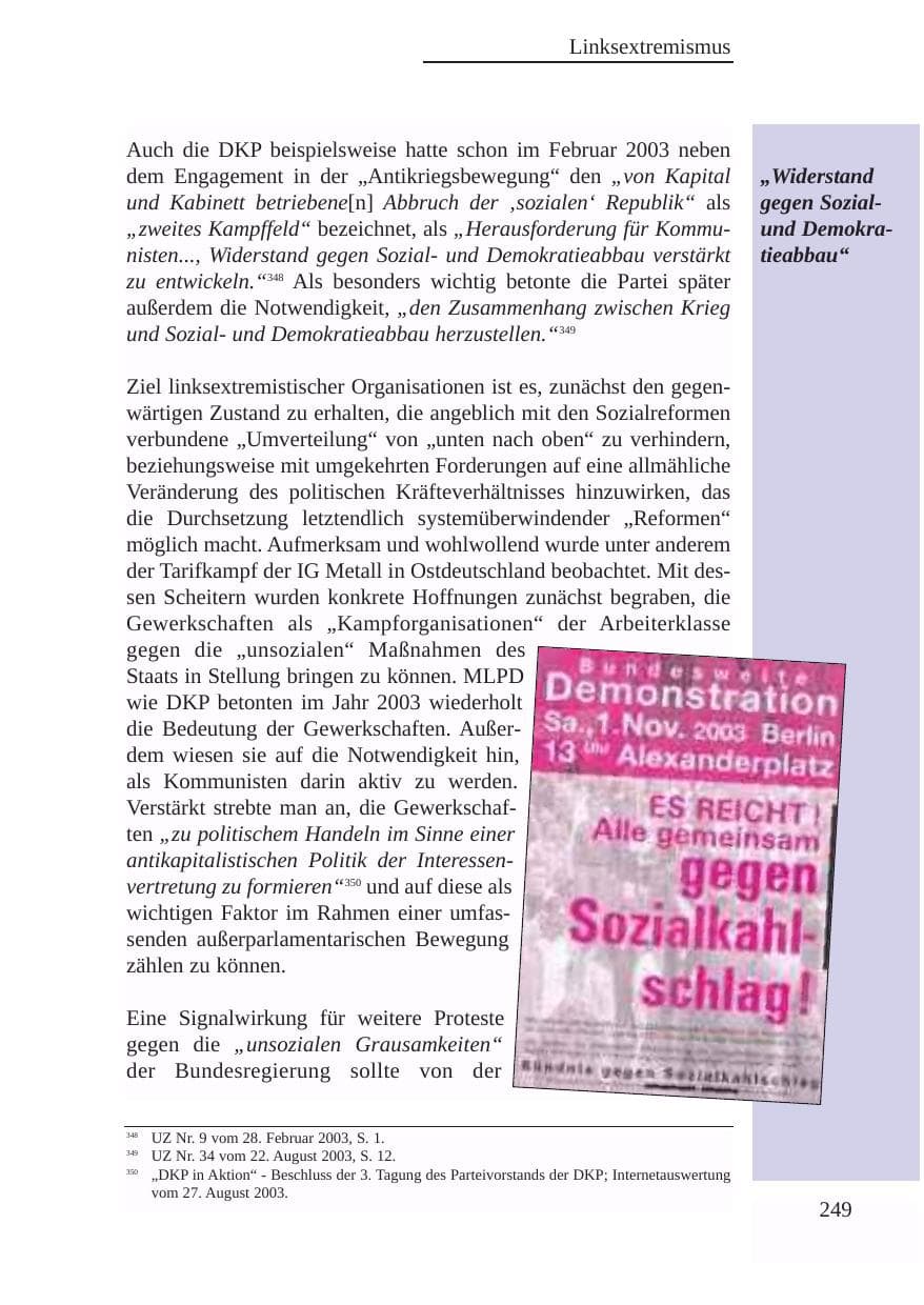 Seite 250 des Verfassungsschutzbericht 2003 Baden-Württemberg