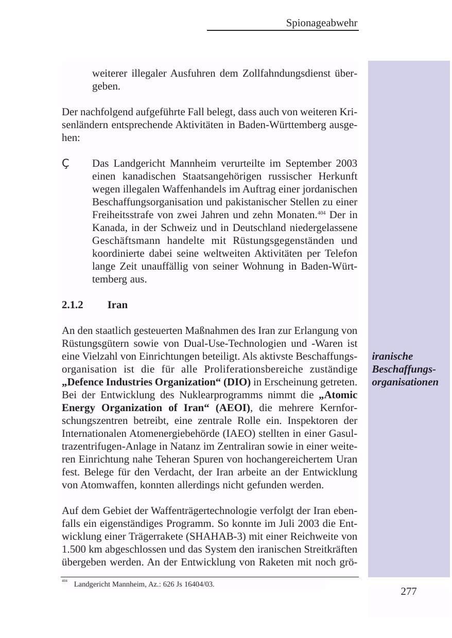 Seite 278 des Verfassungsschutzbericht 2003 Baden-Württemberg