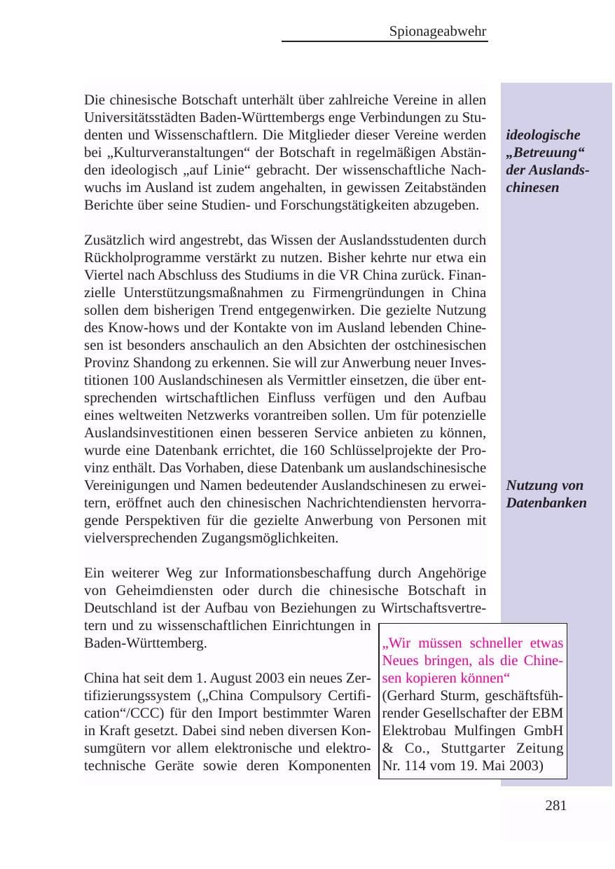 Seite 282 des Verfassungsschutzbericht 2003 Baden-Württemberg