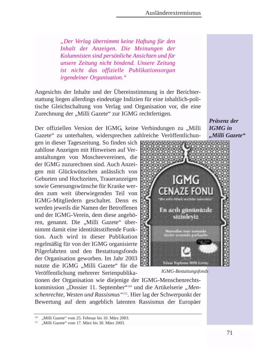 Seite 72 des Verfassungsschutzbericht 2003 Baden-Württemberg
