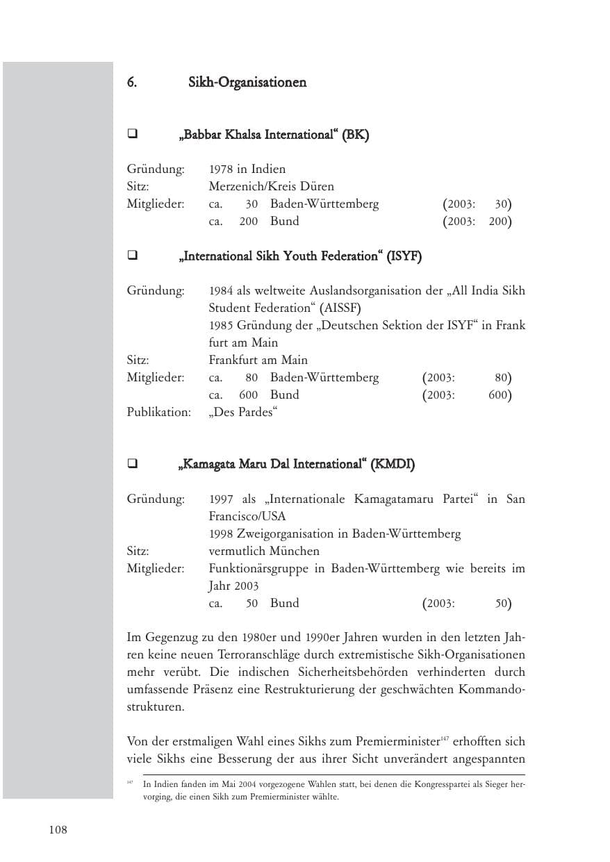 Seite 109 des Verfassungsschutzbericht 2004 Baden-Württemberg